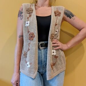 Vintage Floral Bead Embroidered Crochet Button Down Sweater Vest Neutral Brown M